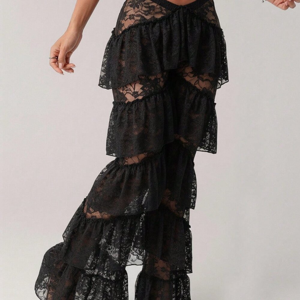 Black Y2k Women's Sexy Low Waist Western Party Pants with Ruffle Hem - Picture 2 of 5
